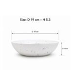 White melamine serving bowl 19 cm with grey and blue terrazzo speckled design for soup, salads, and buffet serving.