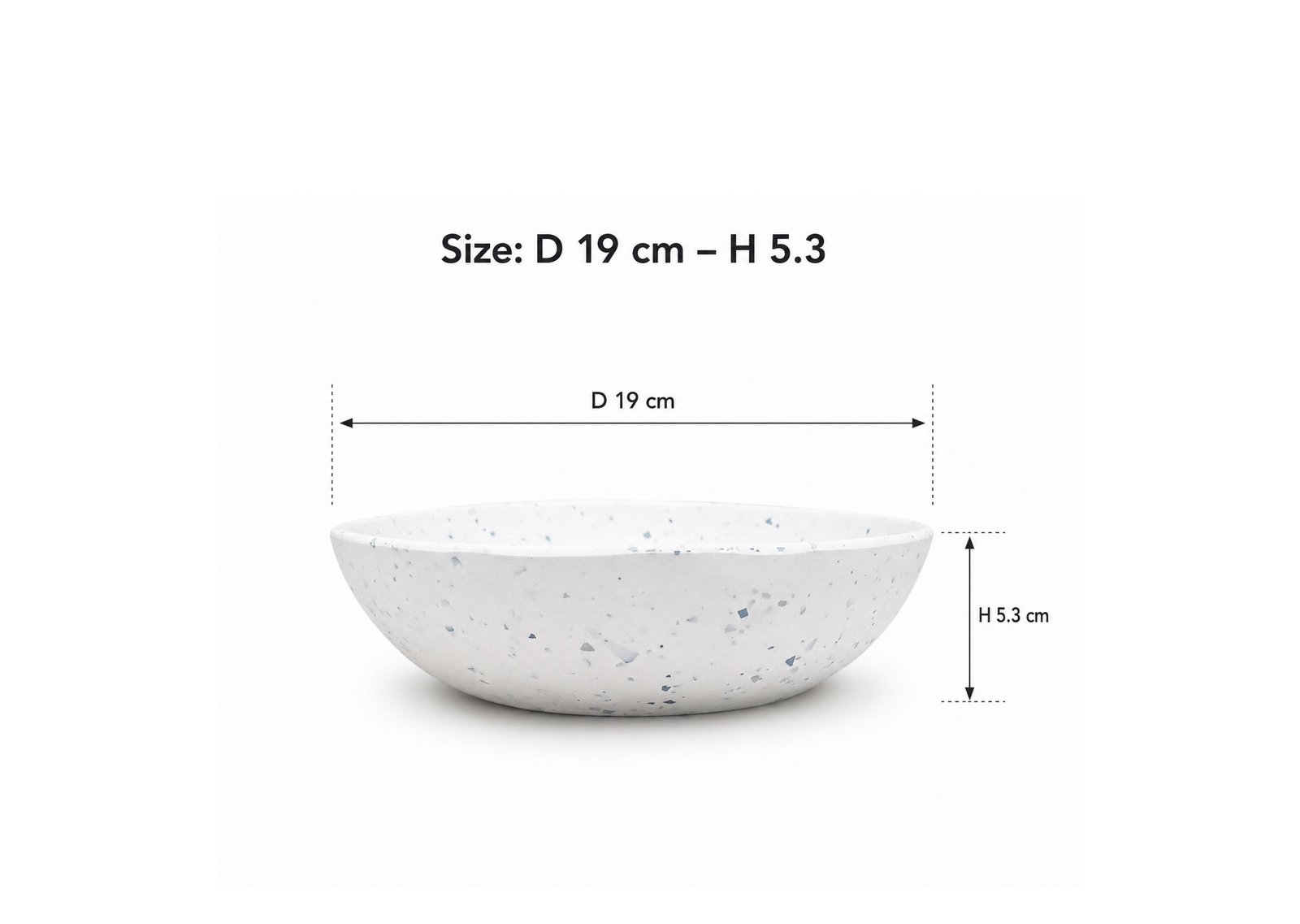 White melamine serving bowl 19 cm with grey and blue terrazzo speckled design for soup, salads, and buffet serving.