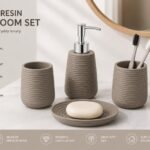 bathroom accessory set with soap dispenser, toothbrush holder, tumbler, and soap dish