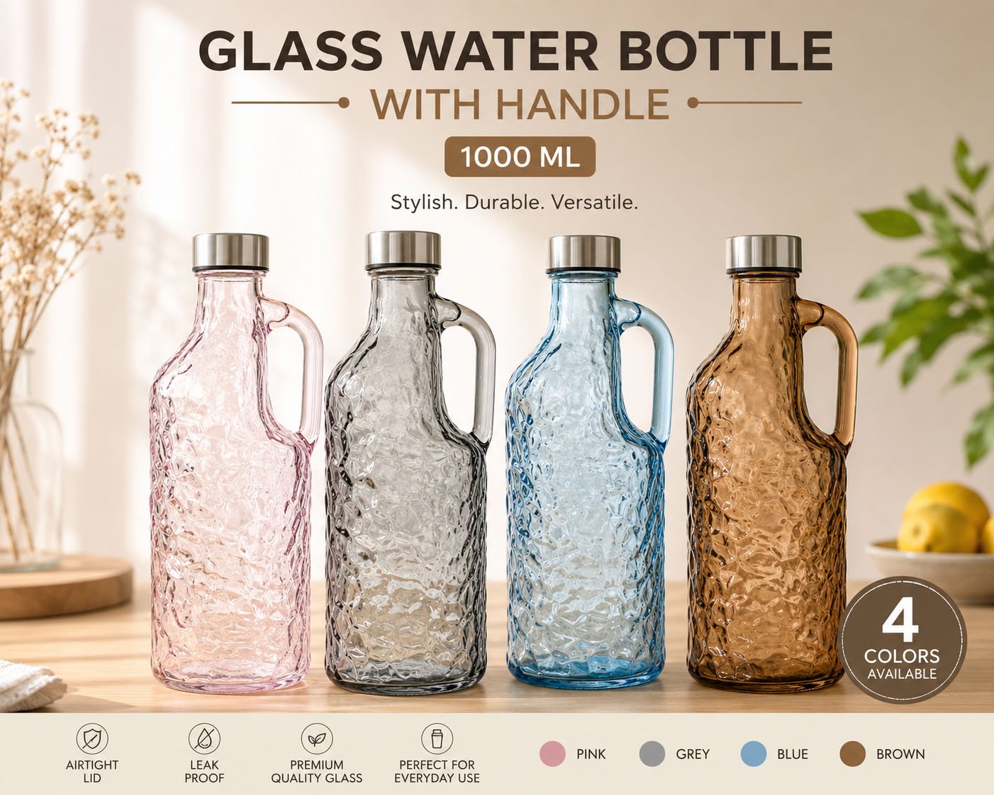 Glass Water Bottle With Handle 1000ml Airtight Lid