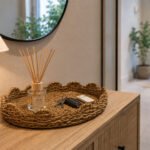 decorative straw oval serving tray 35 cm with scalloped edge for serving coffee, tea, breakfast, snacks, and home décor display.