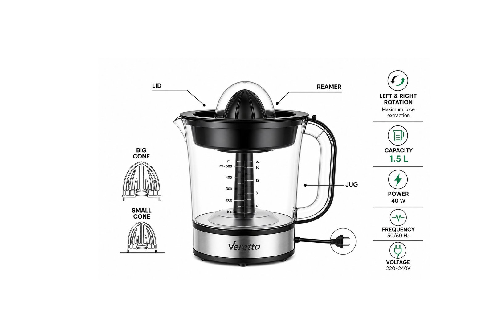 Veretto Citrus Juicer 1.5L Stainless Steel Base