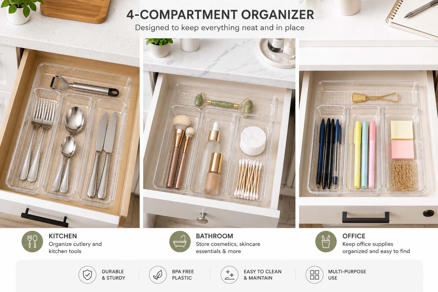 Clear Drawer Organizer 4 Compartment Plexi Tray