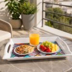 serving tray with colorful mandala mosaic pattern, built-in handles, rectangular design, 42.5 cm serving tray.