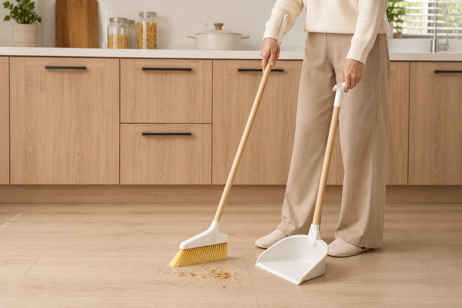 bamboo broom and dustpan set with upright standing storage, rubber-edge dustpan, available in black and light grey.