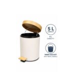 pedal bin with wood lid, soft-close feature, and removable inner bucket for bathroom use in black and white colors.