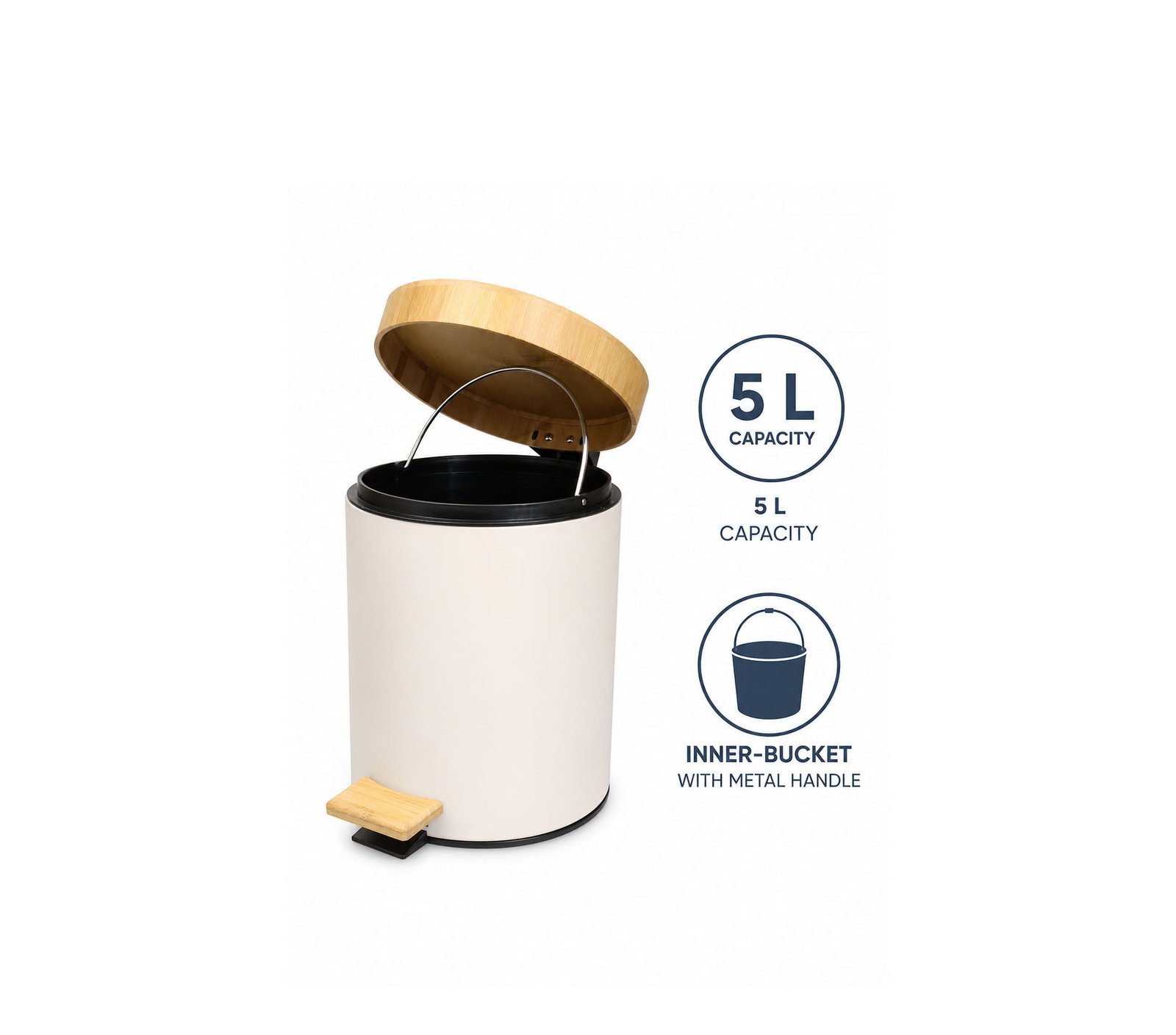 pedal bin with wood lid, soft-close feature, and removable inner bucket for bathroom use in black and white colors.