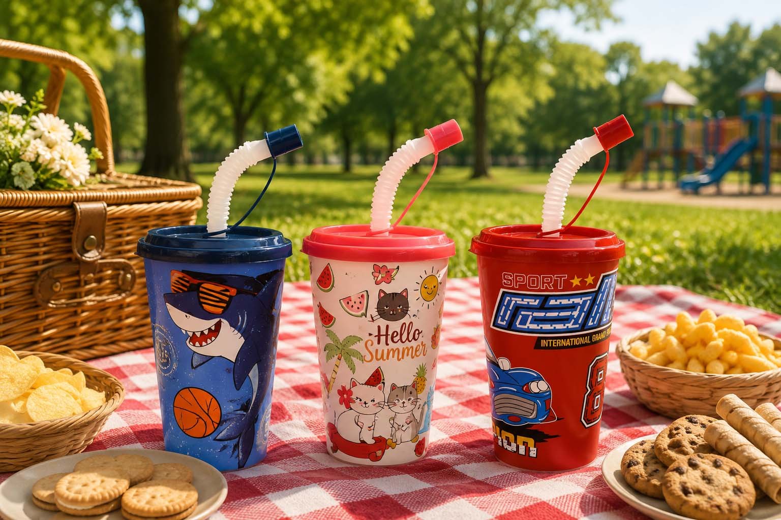 plastic cup with built-in straw, lid, and straw cover, 400ml capacity, available in shark, elephant, and sport car designs.