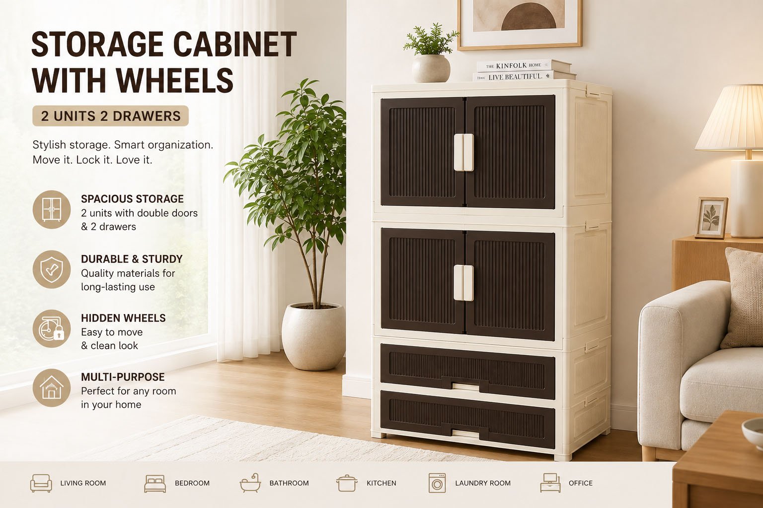 Storage Cabinet With Wheels 2 Units 2 Drawers Foldable