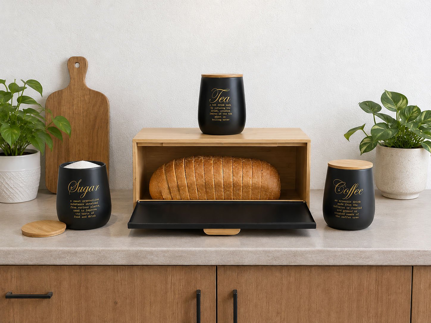 Bread Bin And Canister Set 4 PCS Metal With Wood Lid Homedash