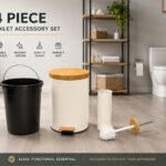 pedal bin and toilet brush set with wood-look accents, soft-close lid, removable inner bucket, and matching bathroom accessories.