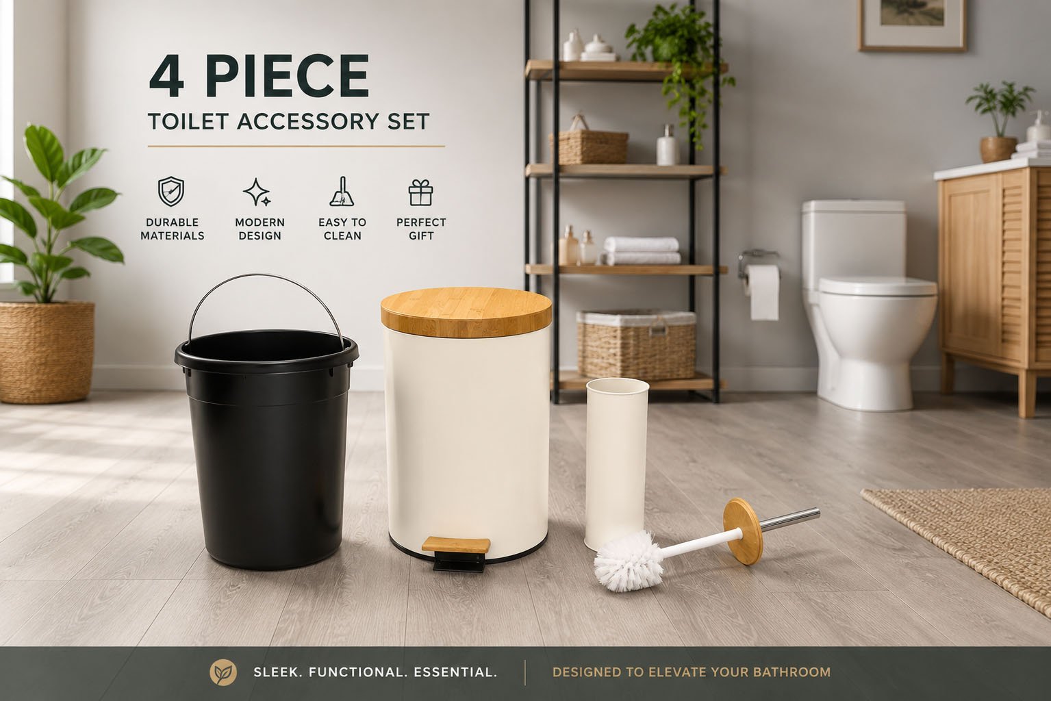 pedal bin and toilet brush set with wood-look accents, soft-close lid, removable inner bucket, and matching bathroom accessories.