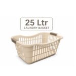 Durable 25-liter vented plastic laundry basket with ergonomic handles available in beige, grey, and dark grey colors.