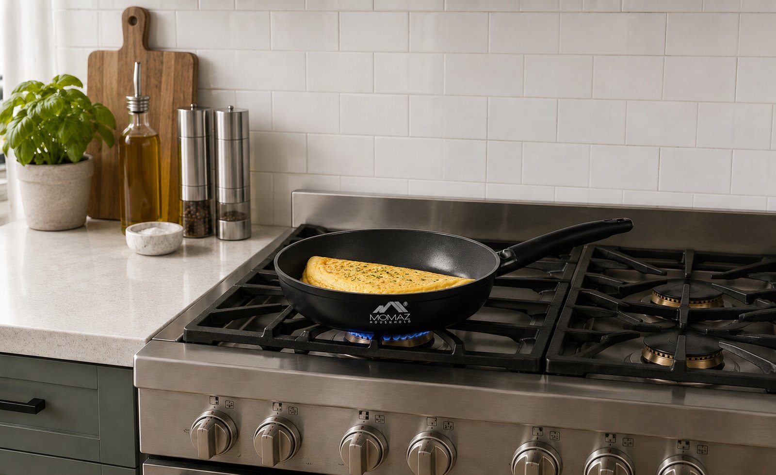 MOMAZ Valencia 24 cm ceramic non-stick frypan with induction base and nano ceramic coating in black finish.