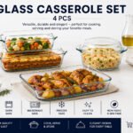 4-piece borosilicate glass casserole set including round casserole, rectangular dishes with lids, and baking pan