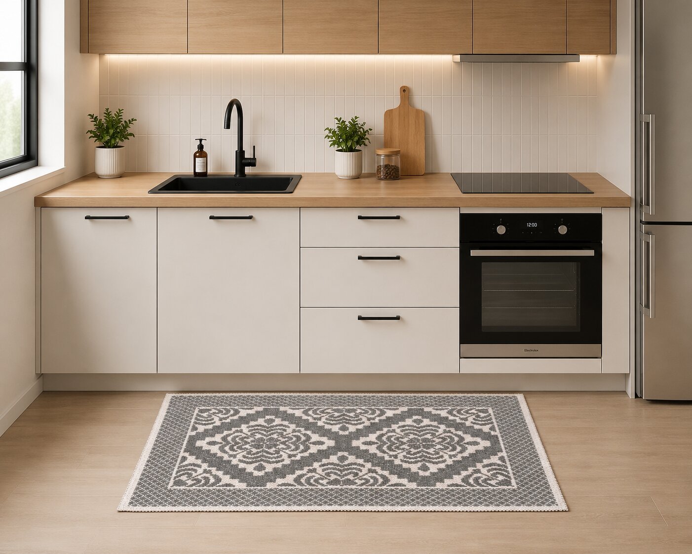 kitchen mat with geometric woven pattern in neutral grey and cream tones measuring 60x100 cm.