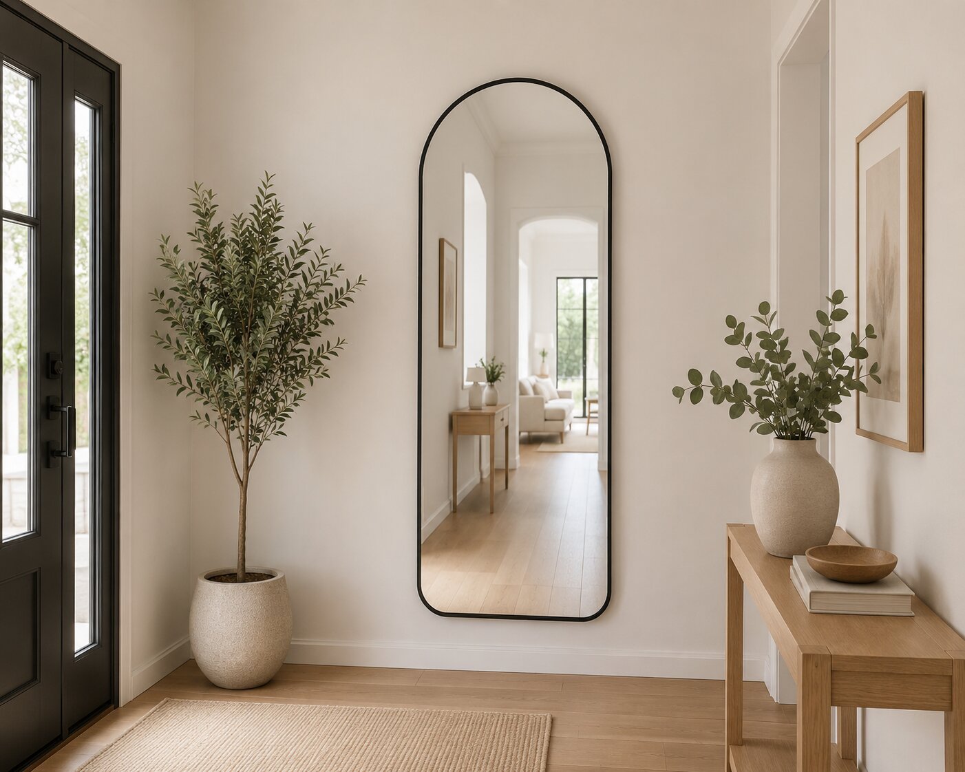 full-length floor mirror with slim metal frame, freestanding stand and wall-mount hooks, size 59x165 cm.