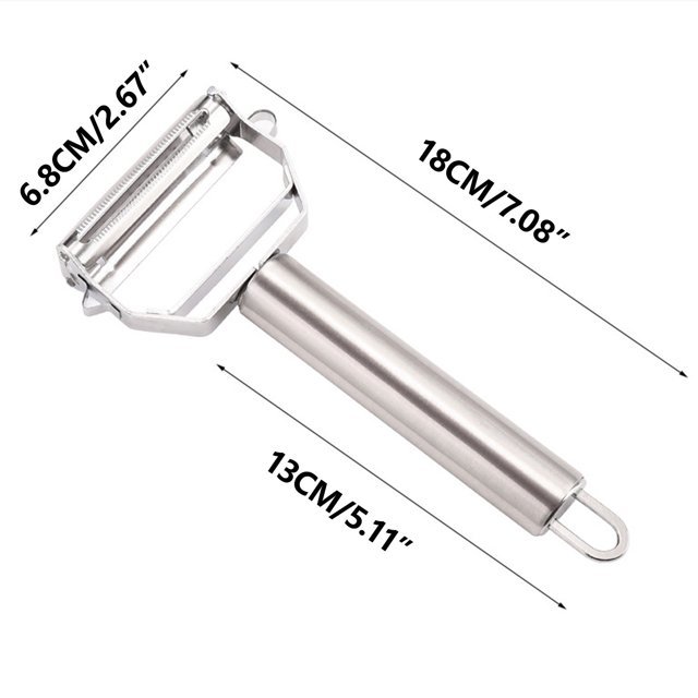 vegetable peeler with dual blades for peeling, slicing, and julienning vegetables and fruits.