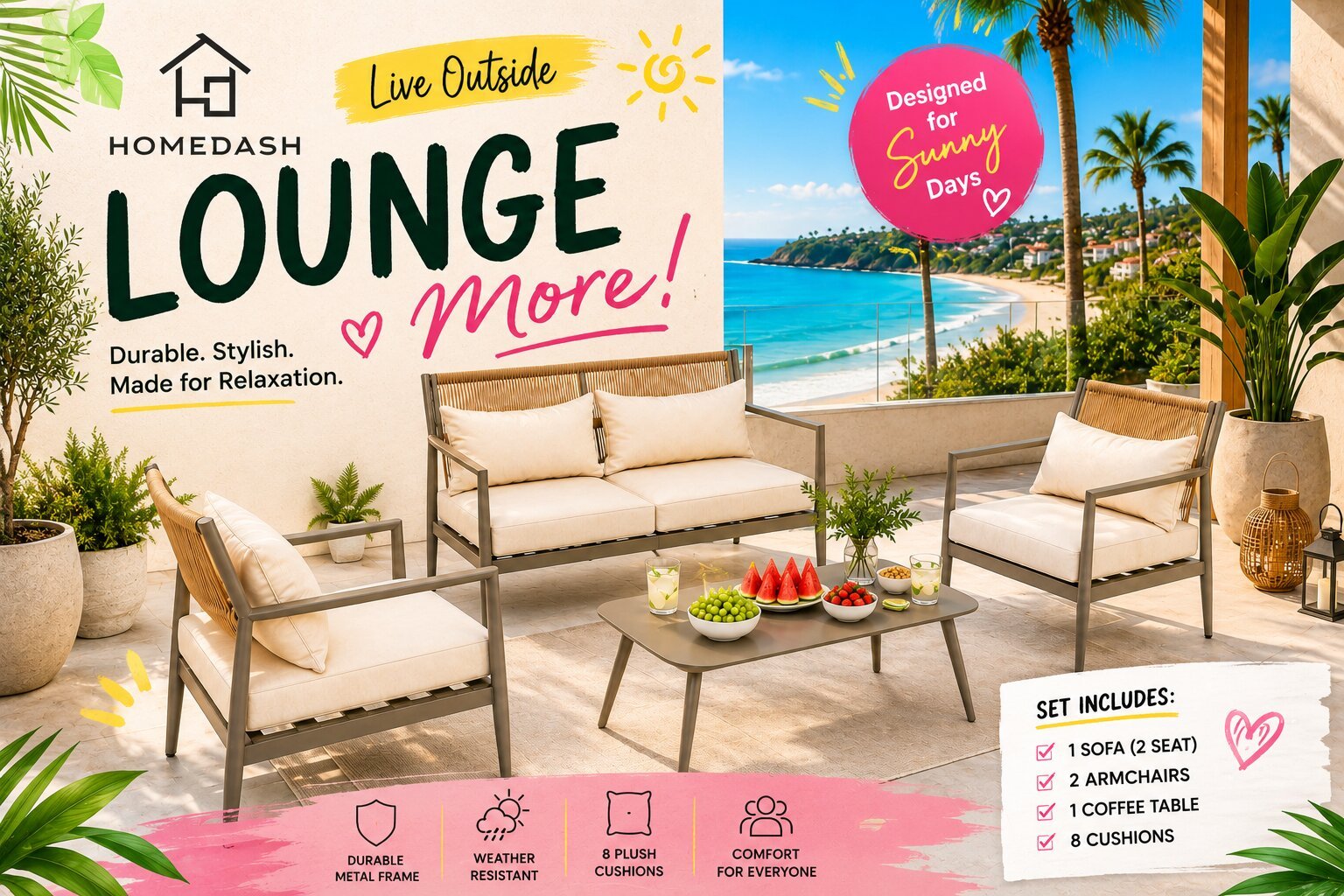 Luxury Rope Back Outdoor Patio Set with 8 Cushions