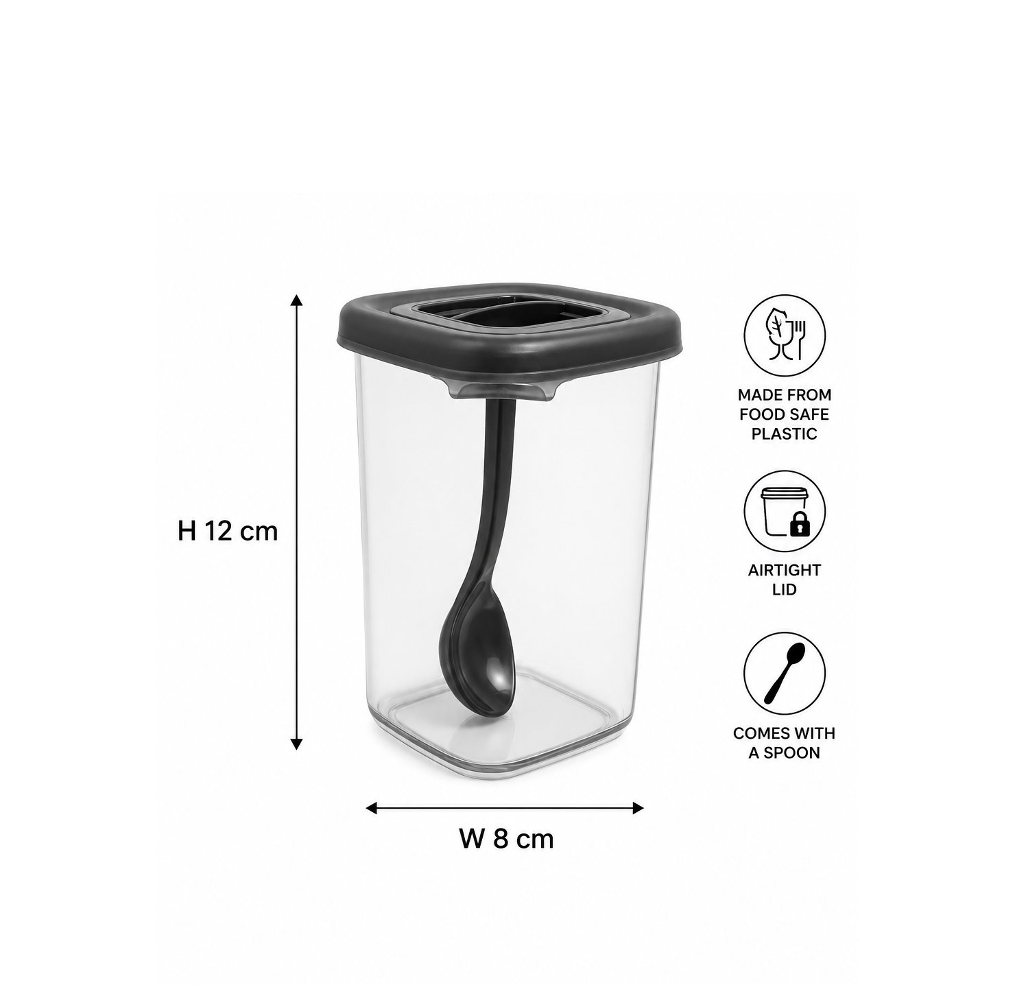 Foly Life 450ml spice storage container with integrated spoon, airtight lid and transparent frosted plastic body for kitchen organization.