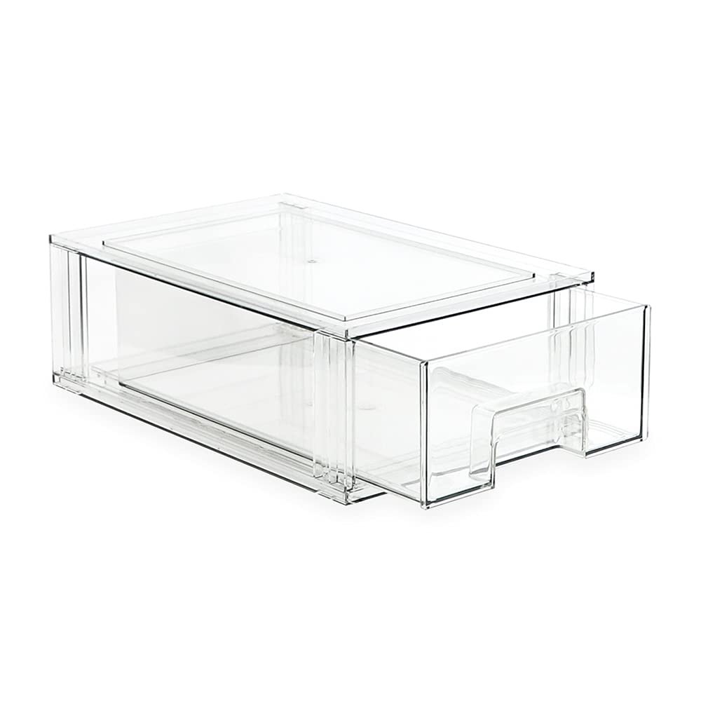 Transparent pull-out drawer organizer bin with stackable design,