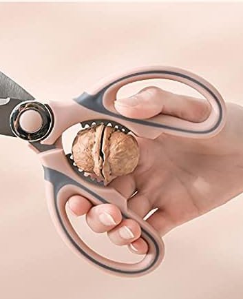 Stainless steel kitchen scissors with protective cover, soft-grip handles, available in pink and green colors,