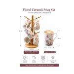 ceramic mug set with 6 durable ceramic mugs and natural wood stand for coffee and tea serving.