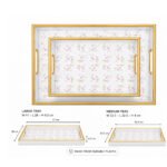 Set of 2 white rose serving trays with gold handles and decorative gold rim made from durable plastic.