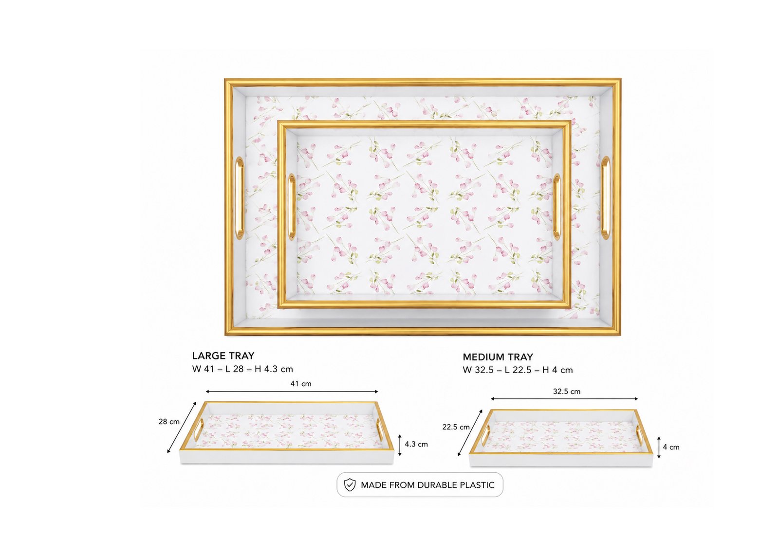 Set of 2 white rose serving trays with gold handles and decorative gold rim made from durable plastic.