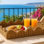 decorative straw Rectangular serving tray 39 cm with scalloped edge for serving coffee, tea, breakfast, snacks, and home décor display.