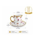 White ceramic coffee cup set, 12 cups and 12 matching saucers.