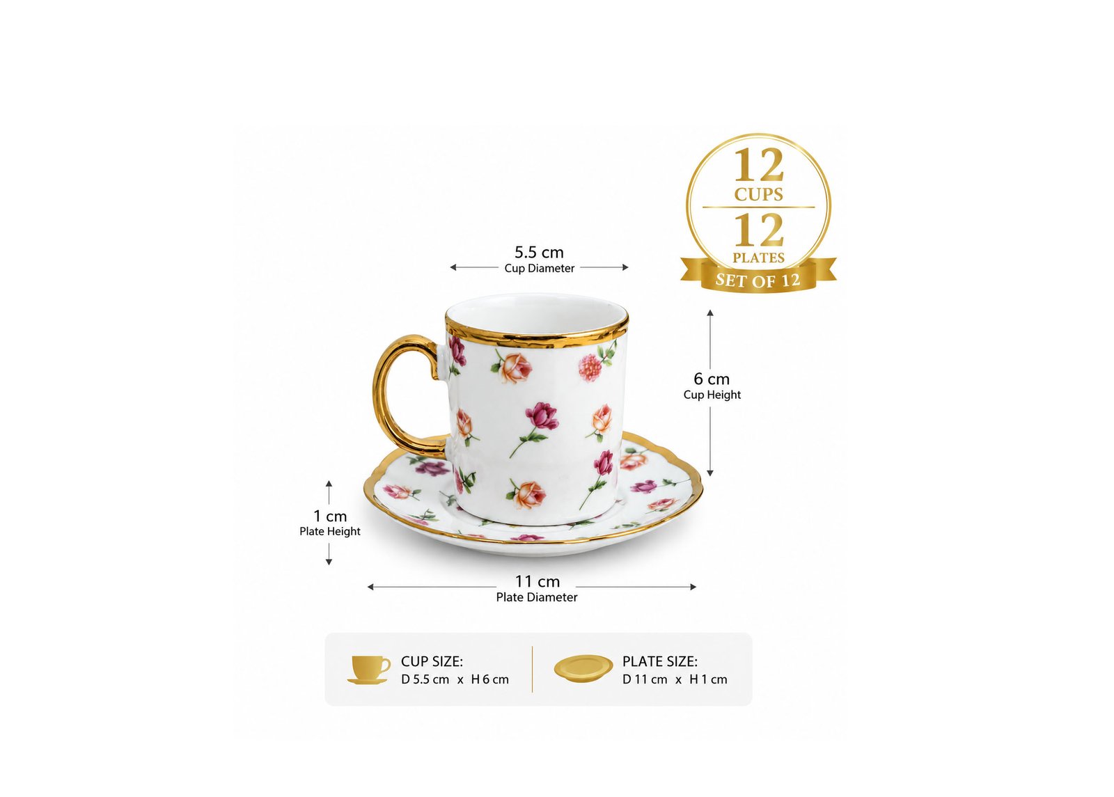 White ceramic coffee cup set, 12 cups and 12 matching saucers.