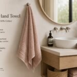 Soft 100% cotton hand towel 90×50 cm, highly absorbent and quick-drying, available in dark grey, light blue, pink, and blue.