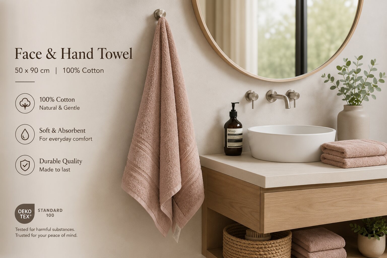 Soft 100% cotton hand towel 90×50 cm, highly absorbent and quick-drying, available in dark grey, light blue, pink, and blue.