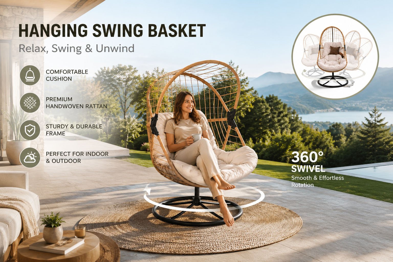 Modern 360° swivel swing basket chair with round base, woven basket frame, and soft cushion for indoor and outdoor relaxation.