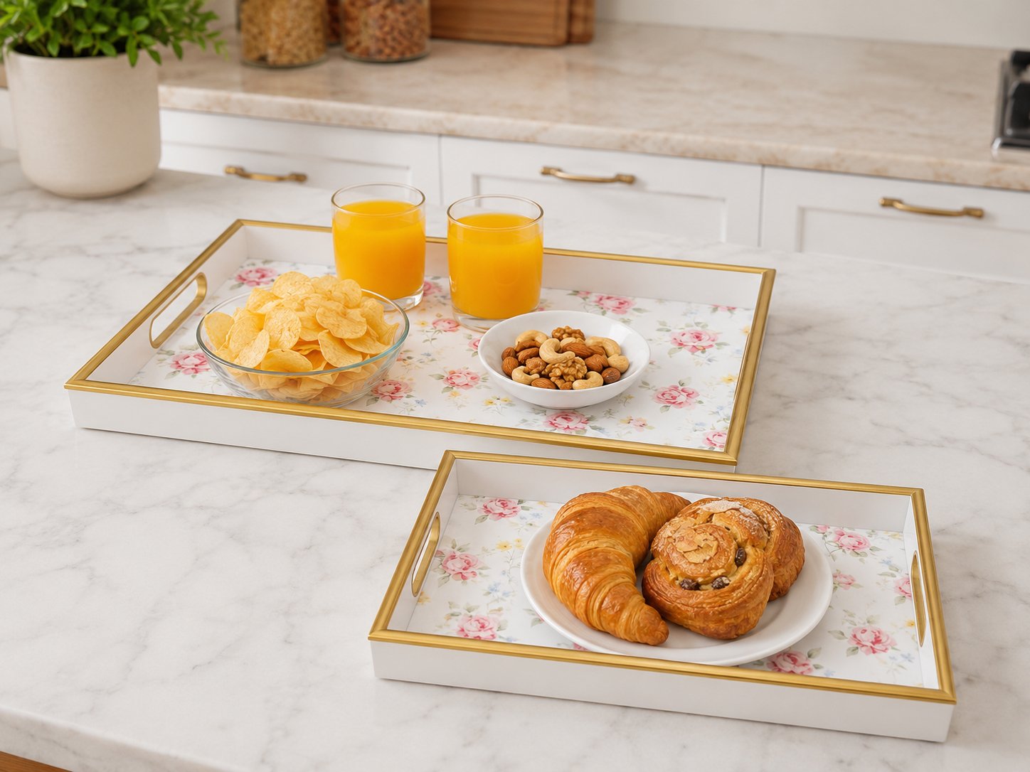 Set of 2 white rose serving trays with gold handles and decorative gold rim made from durable plastic.