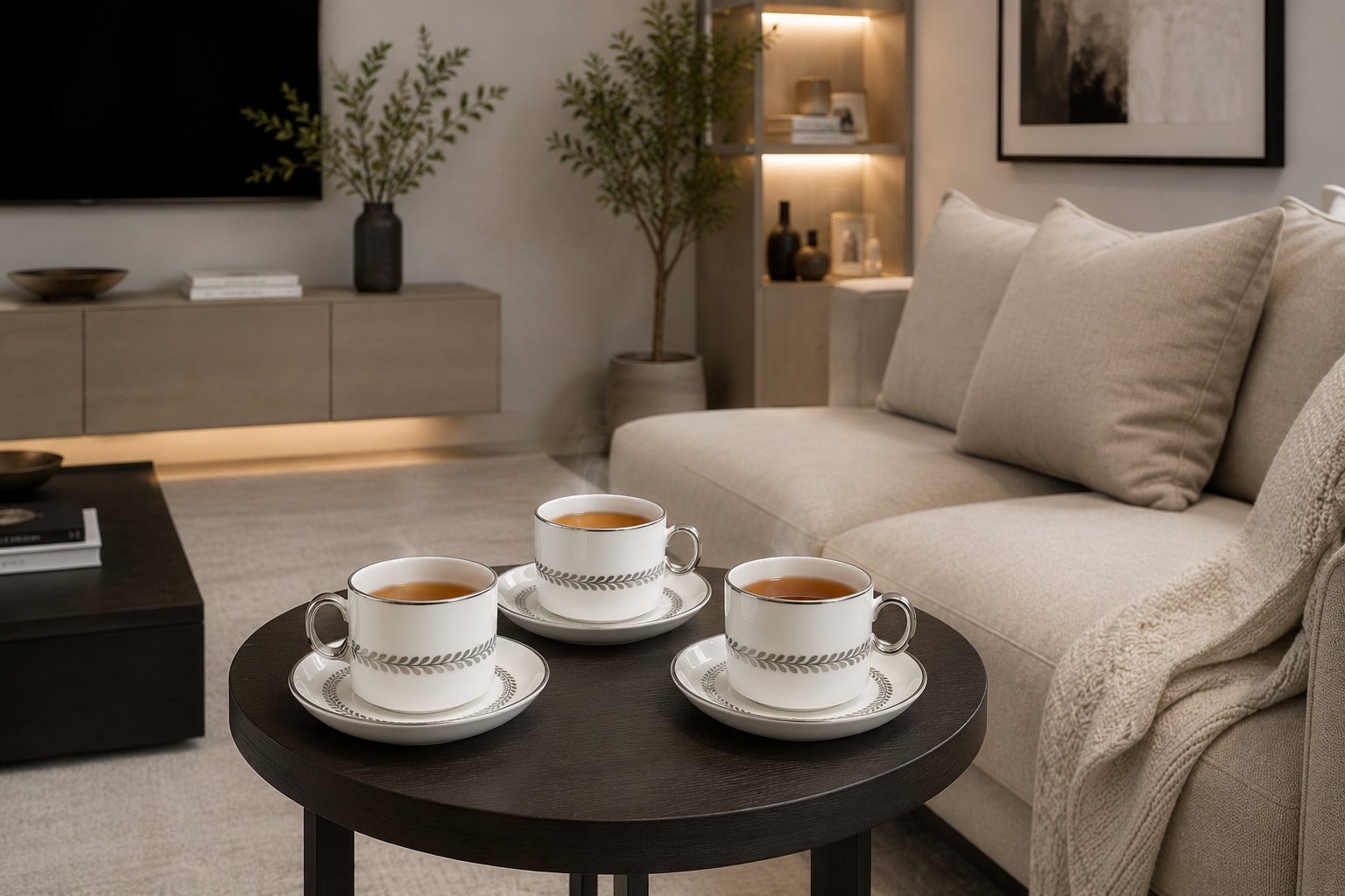 White ceramic tea and coffee cup set with 6 cups and 6 saucers featuring silver leaf pattern and silver-plated handles.