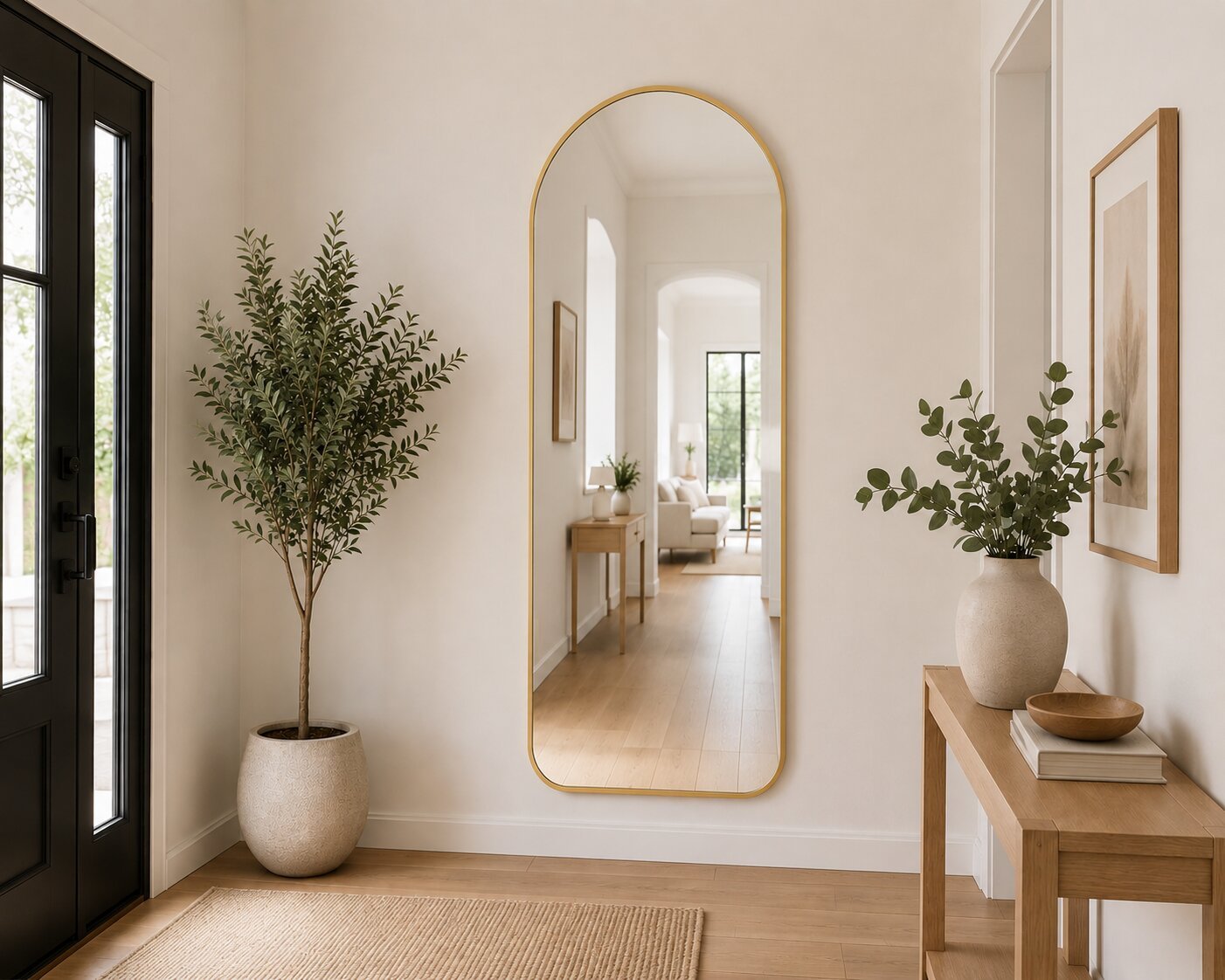 Gold arched full-length floor mirror with slim metal frame, freestanding stand and wall-mount hooks, size 59x165 cm.