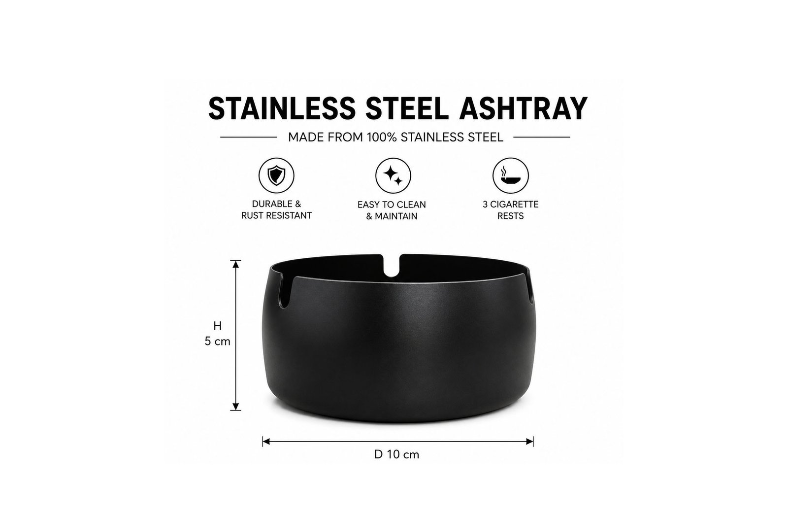 Black stainless steel ashtray with 3 cigarette rests,