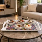 melamine serving tray with colorful mandala mosaic pattern, built-in handles, rectangular design, 47.5 cm serving tray.