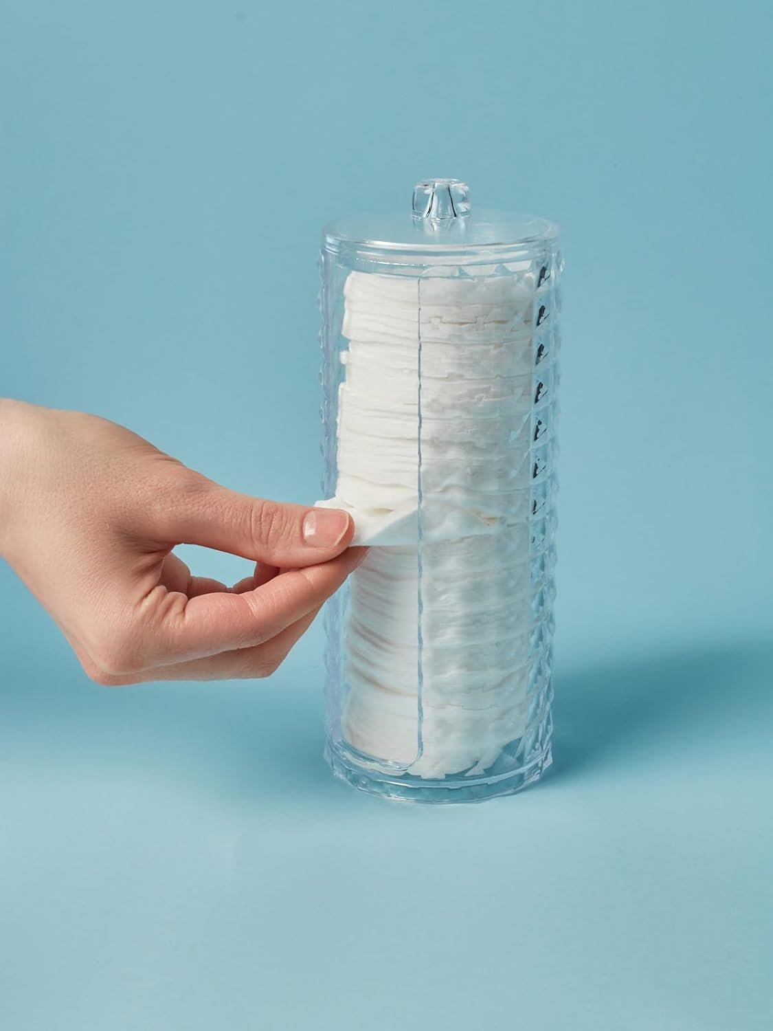 diamond acrylic cotton dispenser set for cotton pads, buds, and balls with clear lids and transparent design.