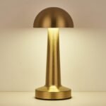 mushroom-shaped rechargeable LED table lamp with touch control and 3 light modes in rose, gold, and silver finishes.