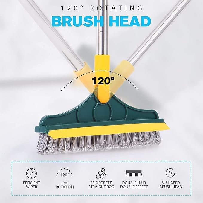 floor cleaning brush with rubber wiper, long handle, rotating head, and V-shaped bristles for bathroom and kitchen tile cleaning.