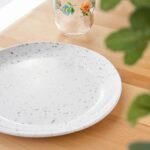 White terrazzo melamine large serving plate 28 cm with grey and blue speckled design, lightweight and food safe for everyday dining.