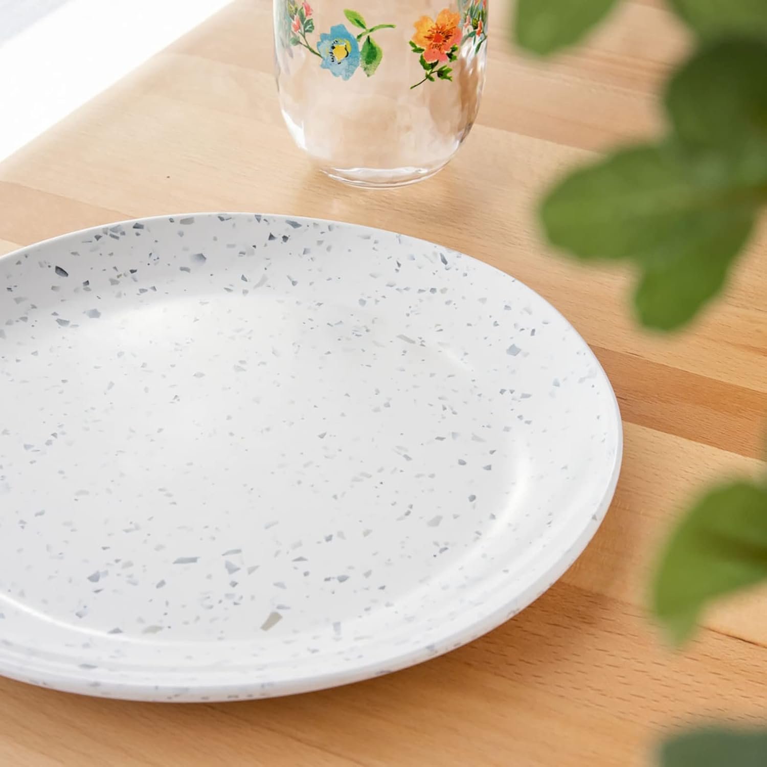 White terrazzo melamine large serving plate 28 cm with grey and blue speckled design, lightweight and food safe for everyday dining.