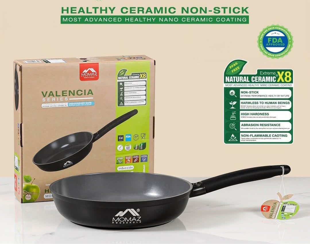 MOMAZ Valencia 28 cm ceramic non-stick frypan with induction base and nano ceramic coating in black finish.