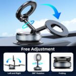 phone holder with 360-degree adjustable foldable aluminum alloy car mount and powerful vacuum suction base for smartphones.