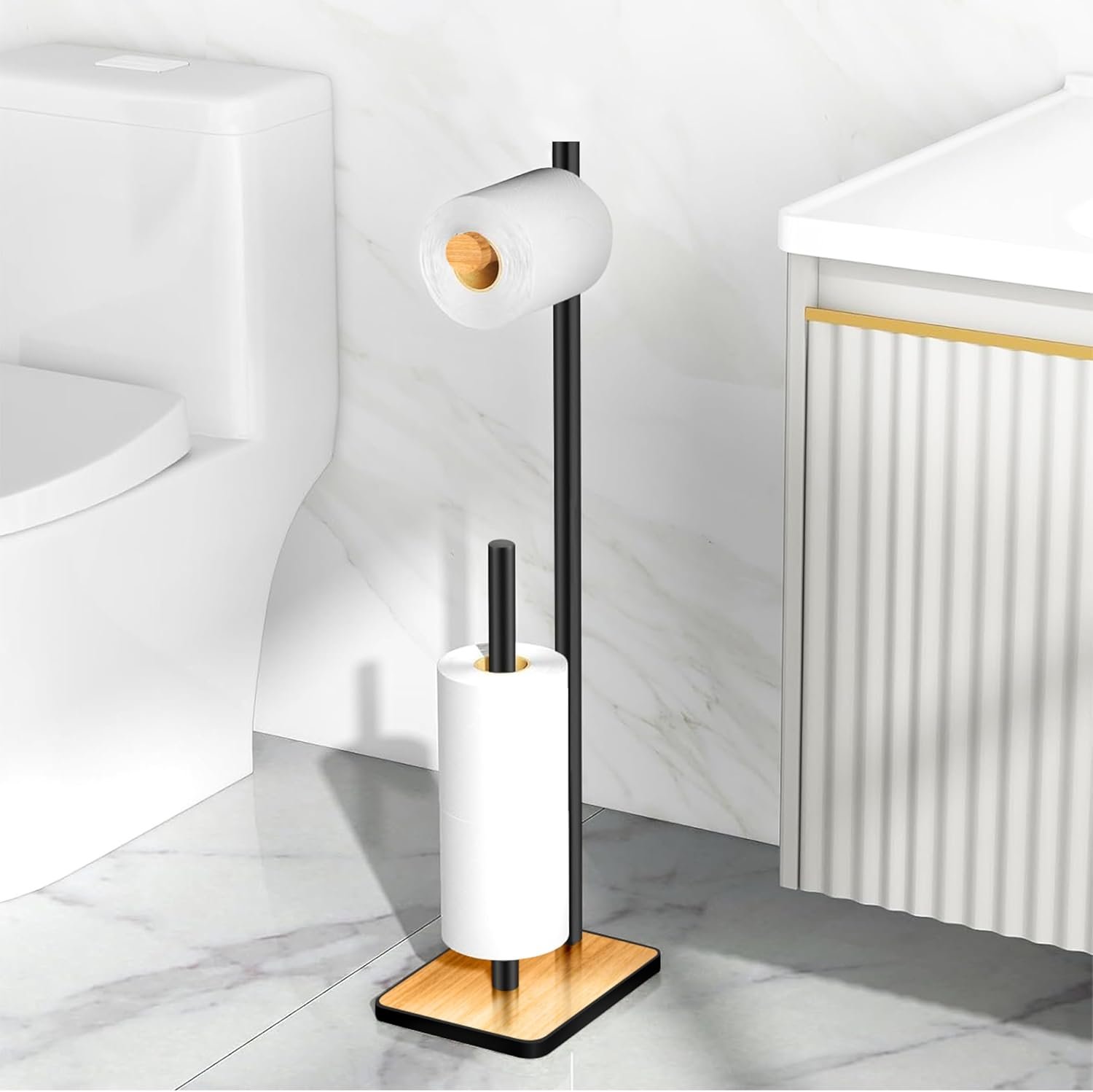 Bamboo Freestanding Toilet Roll Holder with Storage