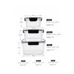 Set of 3 square airtight BPA-free food storage containers with locking clip lids and silicone seals in 1.5L, 0.9L, and 0.5L capacities.