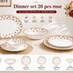 26-piece white ceramic dinner set with rose floral pattern,